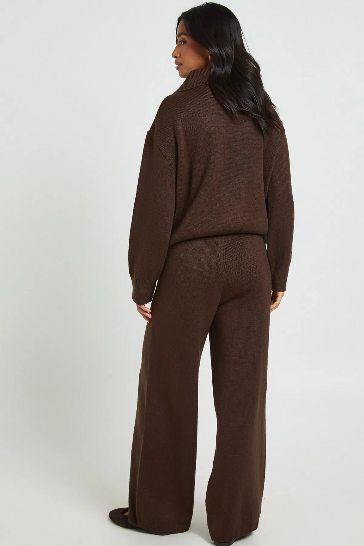 boohoo Ensemble Petite Synthétiquell Oversize à Maille Épaisse avec Détail Col et Pantalon Large Assorti<Femme Looks Chocolat|Pulls Et Gilets
