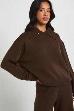 boohoo Ensemble Petite Synthétiquell Oversize à Maille Épaisse avec Détail Col et Pantalon Large Assorti<Femme Looks Chocolat|Pulls Et Gilets