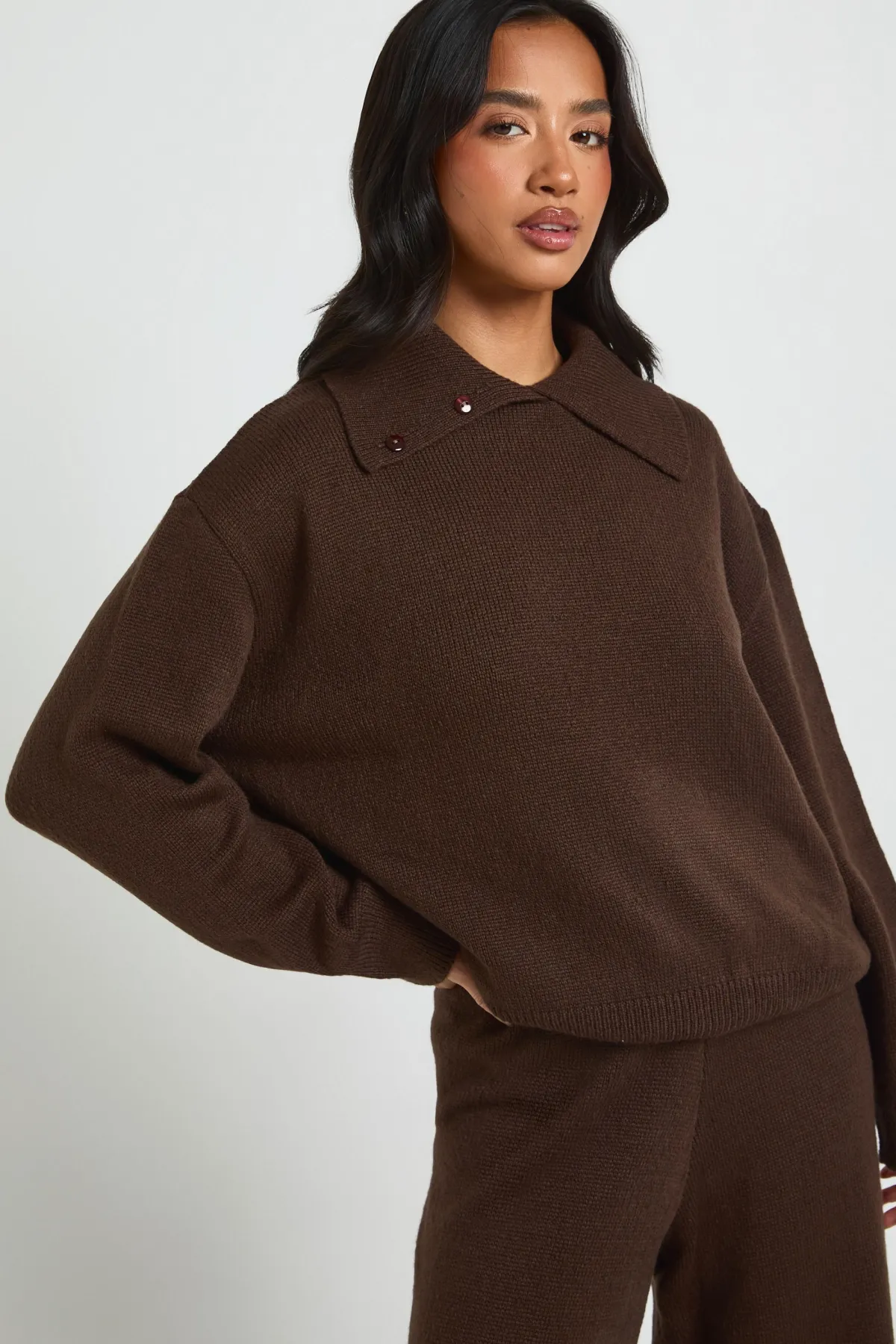boohoo Ensemble Petite Synthétiquell Oversize à Maille Épaisse avec Détail Col et Pantalon Large Assorti<Femme Looks Chocolat|Pulls Et Gilets
