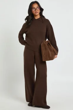 boohoo Ensemble Petite Synthétiquell Oversize à Maille Épaisse avec Détail Col et Pantalon Large Assorti<Femme Looks Chocolat|Pulls Et Gilets