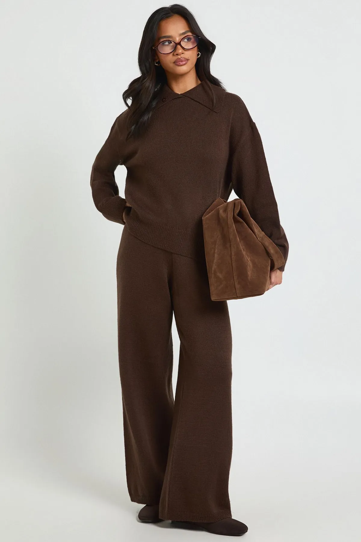 boohoo Ensemble Petite Synthétiquell Oversize à Maille Épaisse avec Détail Col et Pantalon Large Assorti<Femme Looks Chocolat|Pulls Et Gilets