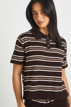 boohoo Ensemble Petite Taille Haut Rayé En Maille À Col Polo Et Pantalon À Manches Courtes<Femme Pulls Et Gilets|Toutes Les Mailles