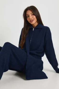 Ensemble 3 pièces avec pull en maille oversize ultra doux à zip intégral, pantalon à jambe droite et sac en maille