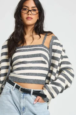 boohoo Ensemble 2 Pièces Cardigan Oversize et Crop Top Tricotés à Rayures Ultra Doux<Femme Pulls Et Gilets|Toutes Les Mailles