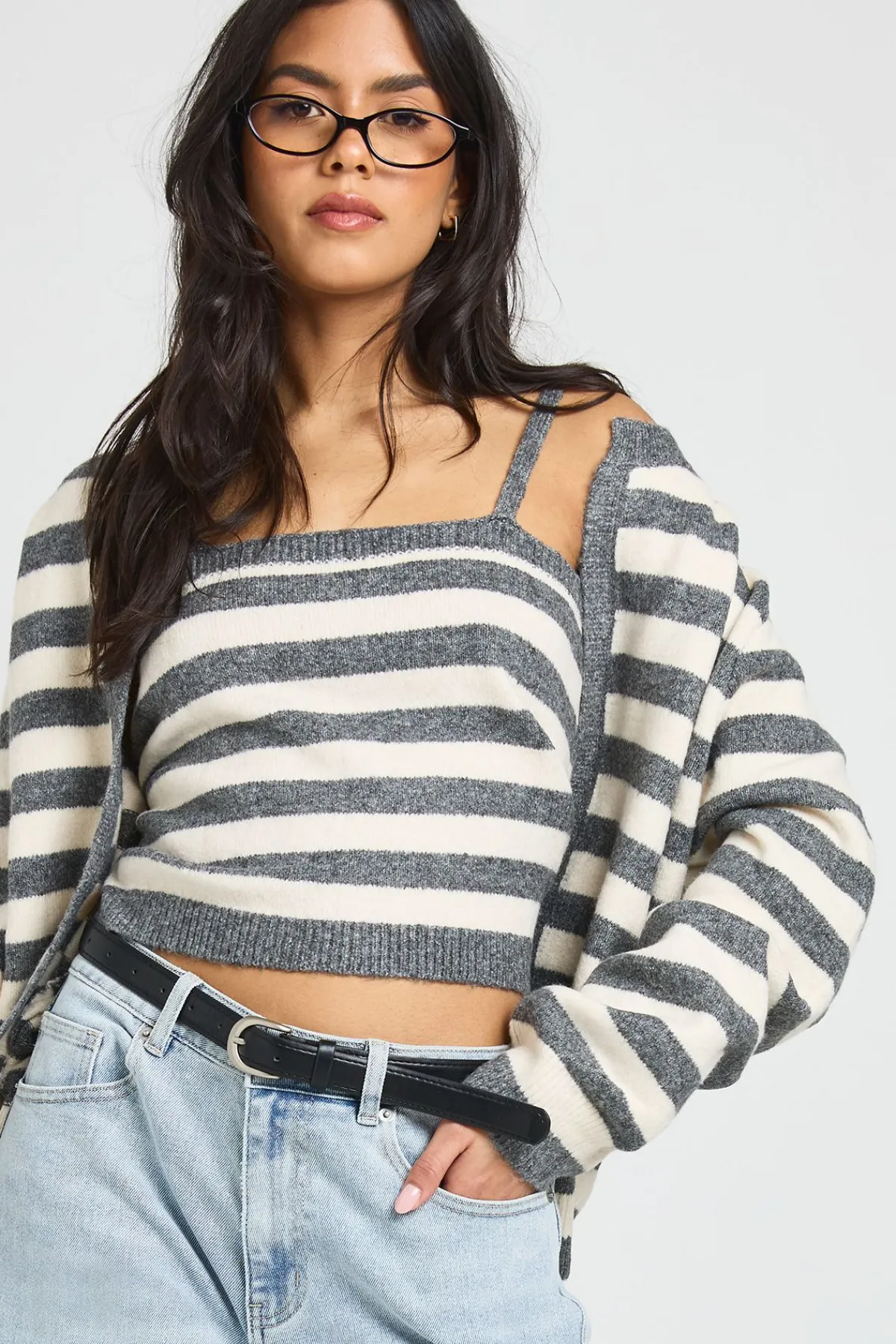 boohoo Ensemble 2 Pièces Cardigan Oversize et Crop Top Tricotés à Rayures Ultra Doux<Femme Pulls Et Gilets|Toutes Les Mailles