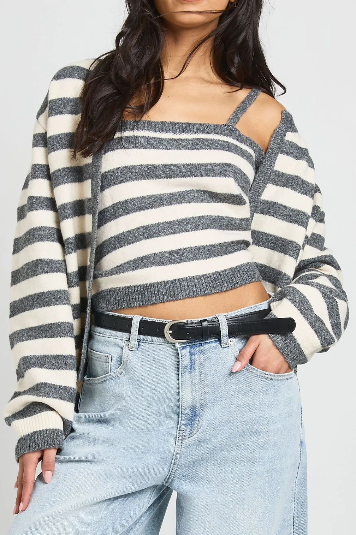 boohoo Ensemble 2 Pièces Cardigan Oversize et Crop Top Tricotés à Rayures Ultra Doux<Femme Pulls Et Gilets|Toutes Les Mailles