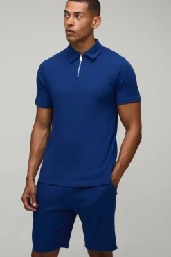 Ensemble Polo Ajusté Col Zippé Et Short En Tissu Gaufré