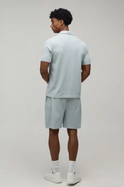 boohooMAN Ensemble Polo À Col Boutonné Et Short En Tissu Gaufré Coupe Regular<Homme Survêtements