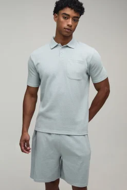 boohooMAN Ensemble Polo À Col Boutonné Et Short En Tissu Gaufré Coupe Regular<Homme Survêtements