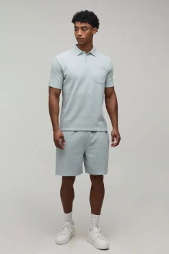 boohooMAN Ensemble Polo À Col Boutonné Et Short En Tissu Gaufré Coupe Regular<Homme Survêtements