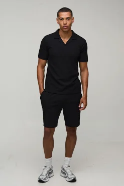 boohooMAN Ensemble Polo À Col Cubain Et Short Ajusté En Tissu Gaufré<Homme Tout Afficher|Ensembles Grandes Tailles