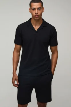 boohooMAN Ensemble Polo À Col Cubain Et Short Ajusté En Tissu Gaufré<Homme Tout Afficher|Ensembles Grandes Tailles