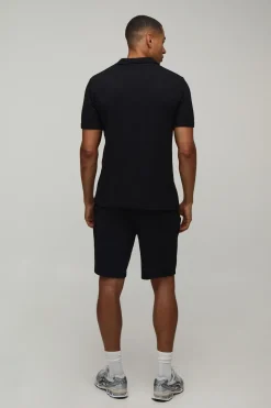 boohooMAN Ensemble Polo À Col Cubain Et Short Ajusté En Tissu Gaufré<Homme Tout Afficher|Ensembles Grandes Tailles