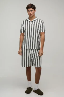 boohooMAN Ensemble Polo À Col Cubain Et Short À Rayures Coupe Regular<Homme Survêtements