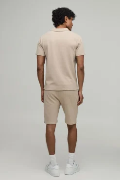 boohooMAN Ensemble Polo Col Ouvert Et Short En Tissu Gaufré Coupe Ajustée Pour Homme<Homme Ensembles|Survêtements
