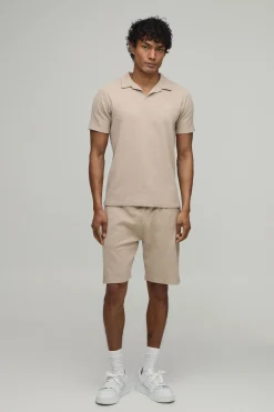 boohooMAN Ensemble Polo Col Ouvert Et Short En Tissu Gaufré Coupe Ajustée Pour Homme<Homme Ensembles|Survêtements