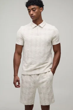 Ensemble Polo À Col Zippé Et Short Ajusté À Carreaux Bouclé