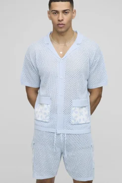 Ensemble polo court tricoté, coupe décontractée, col Revere, motifs carrés au crochet