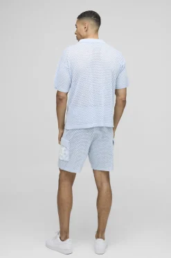 Ensemble polo court tricoté, coupe décontractée, col Revere, motifs carrés au crochet