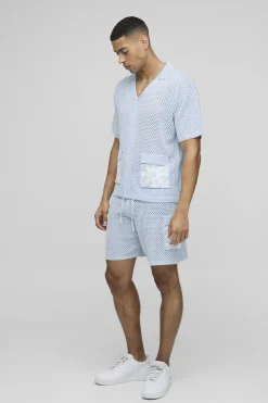 Ensemble polo court tricoté, coupe décontractée, col Revere, motifs carrés au crochet