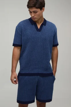 boohooMAN Ensemble Polo Et Short Côtelé Décontracté À Col En V<Homme Maille|Mailles