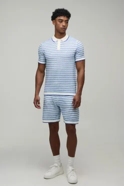 boohooMAN Ensemble Polo Et Short En Maille Ajourée À Rayures Coupe Regular<Homme Maille|Mailles