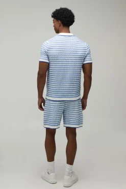 boohooMAN Ensemble Polo Et Short En Maille Ajourée À Rayures Coupe Regular<Homme Maille|Mailles