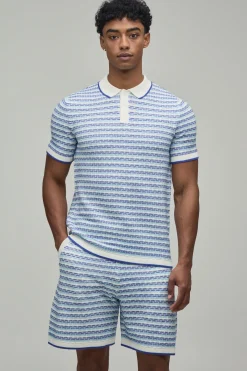boohooMAN Ensemble Polo Et Short En Maille Ajourée À Rayures Coupe Regular<Homme Maille|Mailles