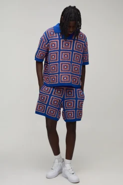 boohooMAN Ensemble Polo Et Short En Maille Avec Empiècements Au Crochet Coupe Oversize Ample<Homme Maille|Mailles