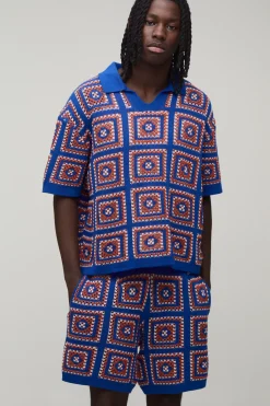 boohooMAN Ensemble Polo Et Short En Maille Avec Empiècements Au Crochet Coupe Oversize Ample<Homme Maille|Mailles