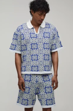 boohooMAN Ensemble Polo Et Short En Tricot Crochet Carré Ample Oversize<Homme Maille|Mailles