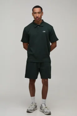 Ensemble Polo Et Short À Manches Courtes Oversize Ample Avec Passepoil Contrastant Et Broderie