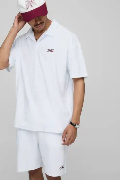 boohooMAN Ensemble polo et short Revere en tissu éponge brodé, surdimensionné<Homme Survêtements