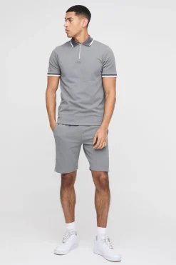 Ensemble Polo et Shorts à rayures en piqué interlock slim fit