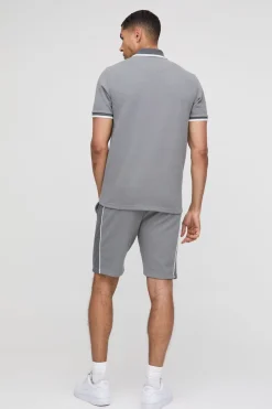 Ensemble Polo et Shorts à rayures en piqué interlock slim fit