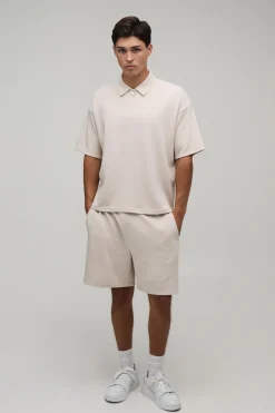 boohooMAN Ensemble Polo Gaufré Oversize Col Zippé & Short Ample<Homme Survêtements