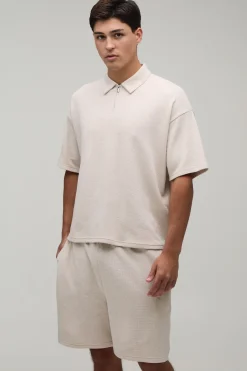 boohooMAN Ensemble Polo Gaufré Oversize Col Zippé & Short Ample<Homme Survêtements