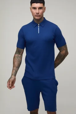 boohooMAN Ensemble Polo Grand Slim À Col Zippé Et Short En Jersey Gaufré<Homme Tout Afficher|Survêtements