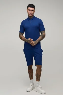 boohooMAN Ensemble Polo Grand Slim À Col Zippé Et Short En Jersey Gaufré<Homme Tout Afficher|Survêtements