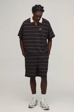 boohooMAN Ensemble Polo Piqué Rayé Ample Oversize & Short Décontracté<Homme Survêtements