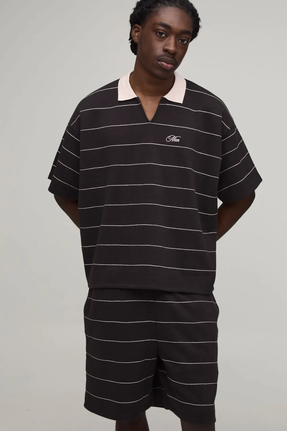 boohooMAN Ensemble Polo Piqué Rayé Ample Oversize & Short Décontracté<Homme Survêtements