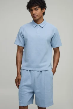 Ensemble Polo Raglan Jacquard Ondulé Ample Et Short À Détails Plissés