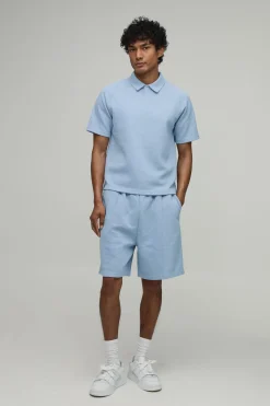 Ensemble Polo Raglan Jacquard Ondulé Ample Et Short À Détails Plissés