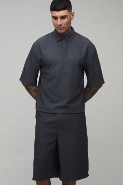 boohooMAN Ensemble Polo Texturé Ondulé Oversize Et Short Long Coupe Décontractée Pour Homme Grand<Homme Ensembles|Tout Afficher