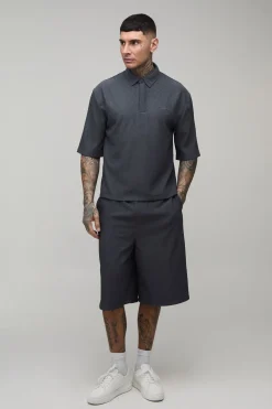boohooMAN Ensemble Polo Texturé Ondulé Oversize Et Short Long Coupe Décontractée Pour Homme Grand<Homme Ensembles|Tout Afficher