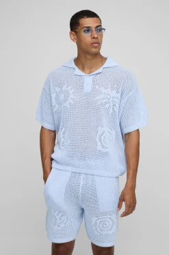 Ensemble Polo tricoté graphique intarsia surdimensionné et short décontracté