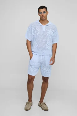 Ensemble Polo tricoté graphique intarsia surdimensionné et short décontracté
