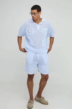 Ensemble Polo tricoté graphique intarsia surdimensionné et short décontracté
