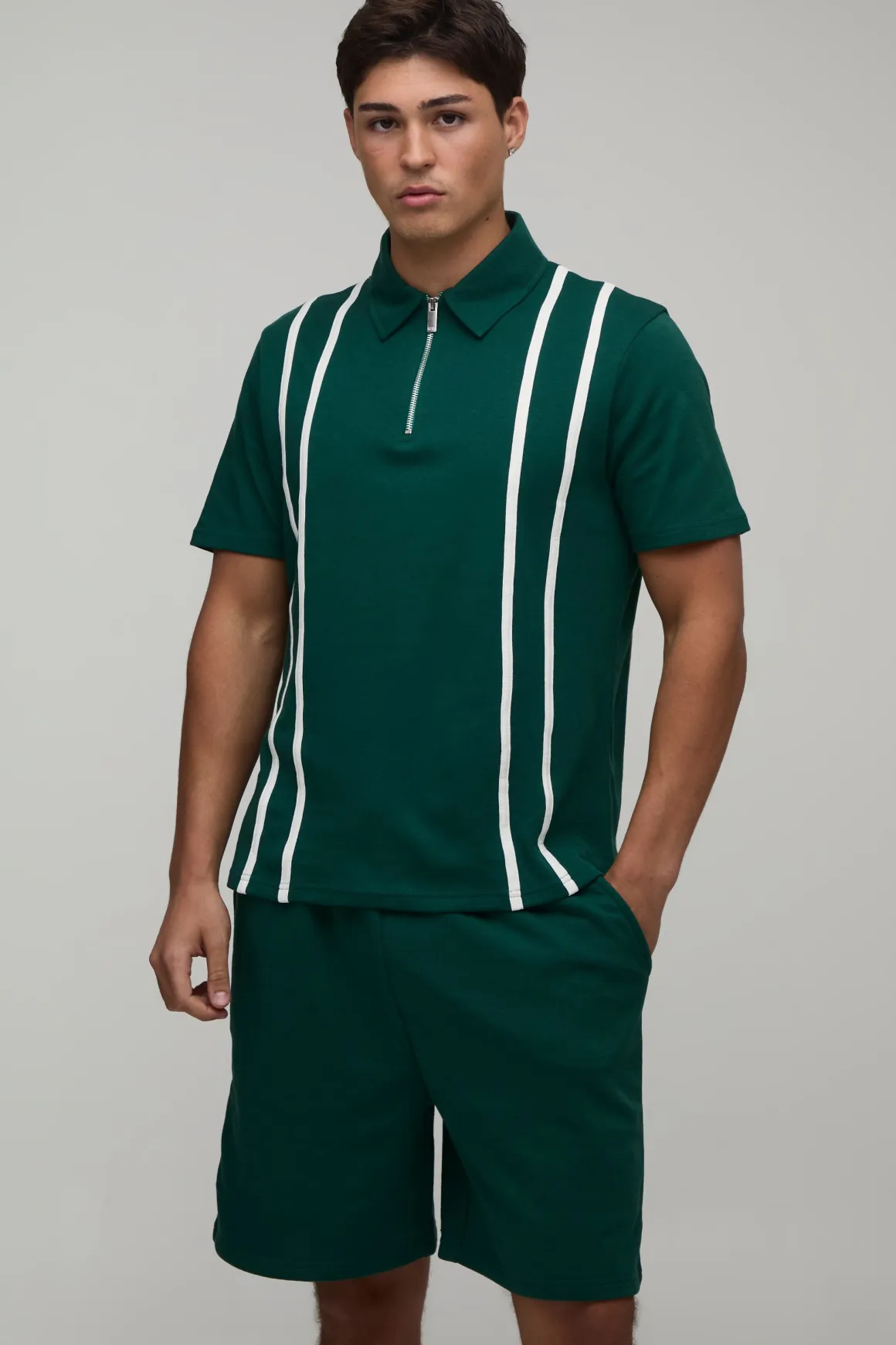 Ensemble Polo Zippé À Rayures Et Short En Jersey Coupe Regular