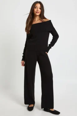 Ensemble pull Bardot tricoté épais et pantalon à jambe droite